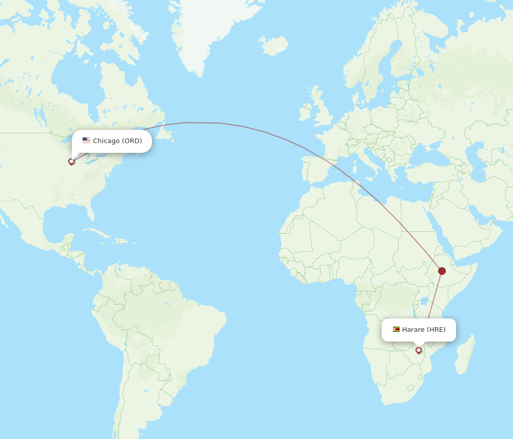 Harare - Chicago route map and flight paths