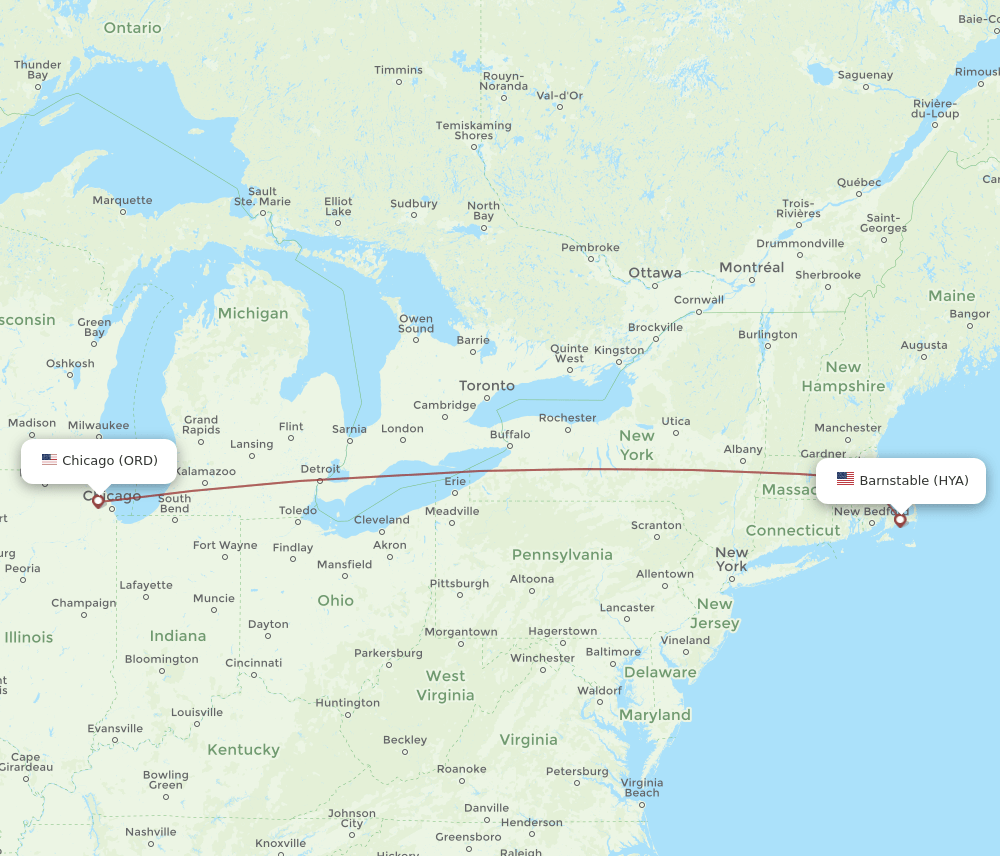 ORD to HYA flights and routes map