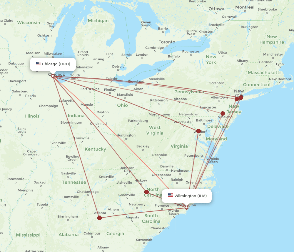 ORD-ILM flight routes