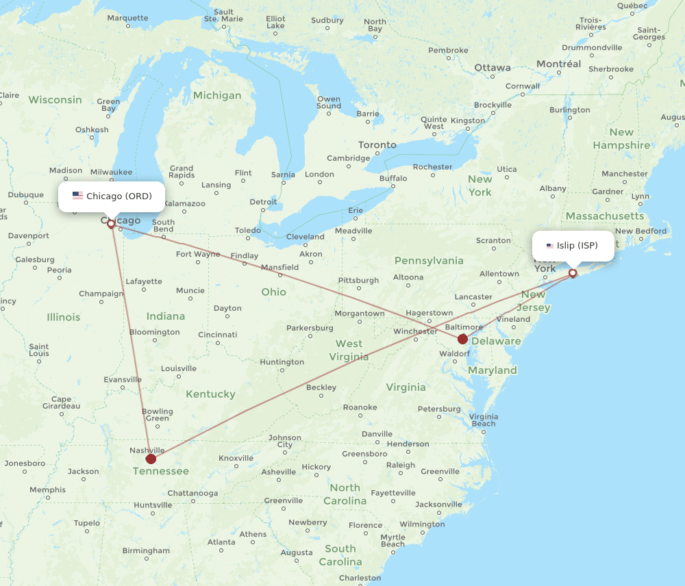 ORD-ISP flight routes