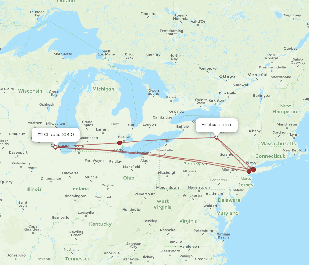 ORD-ITH flight routes