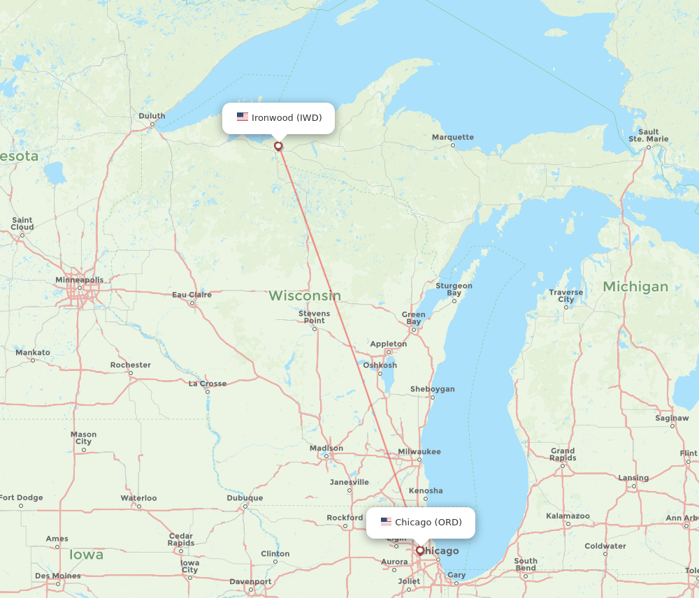 Chicago - Ironwood route map and flight paths