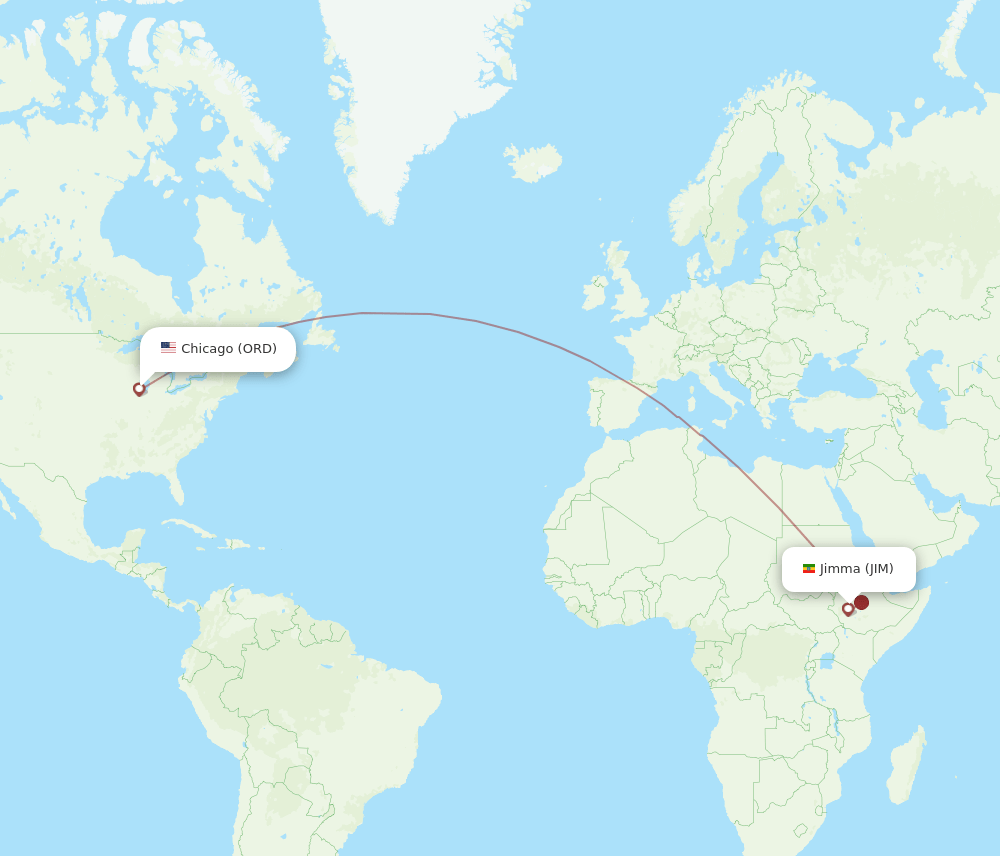 Jimma - Chicago route map and flight paths