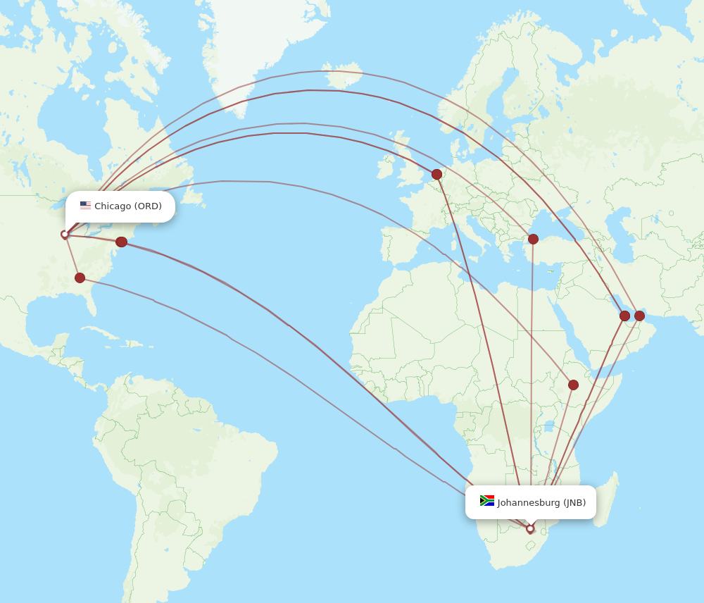 ORD to JNB flights and routes map