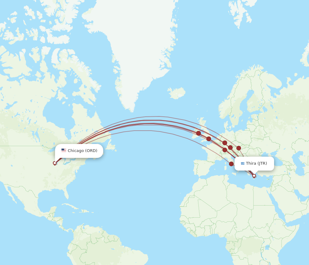 ORD to JTR flights and routes map