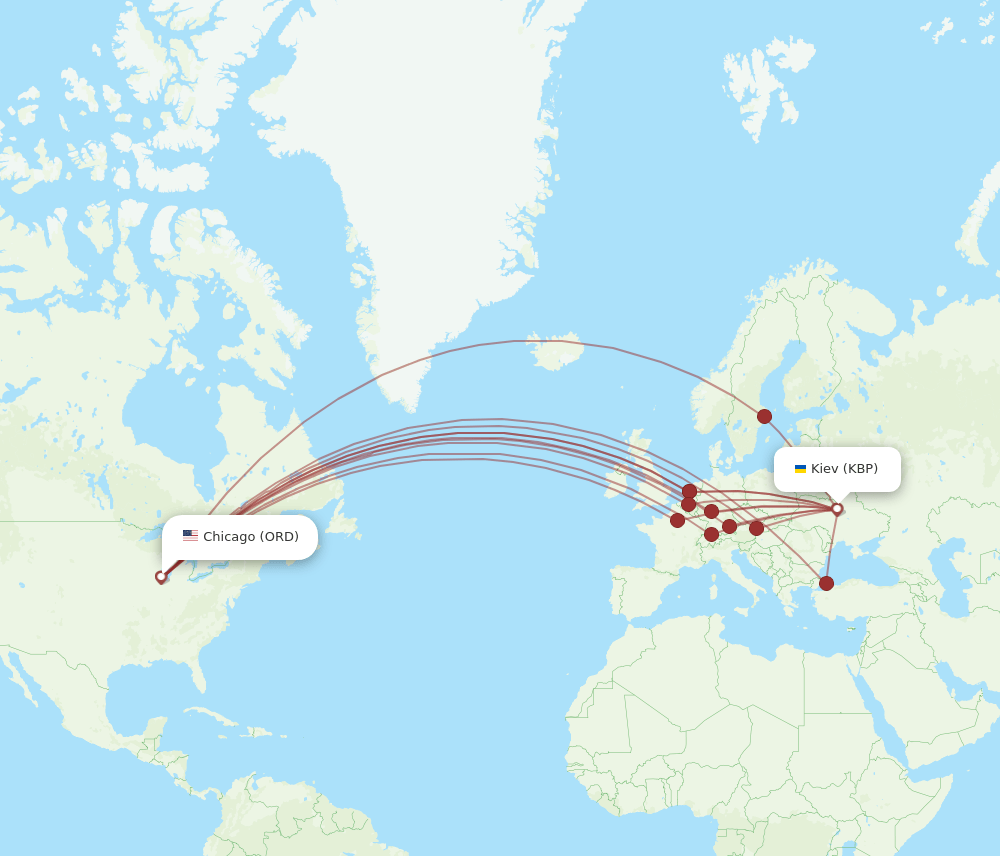 Chicago - Kiev/Kyiv route map and flight paths