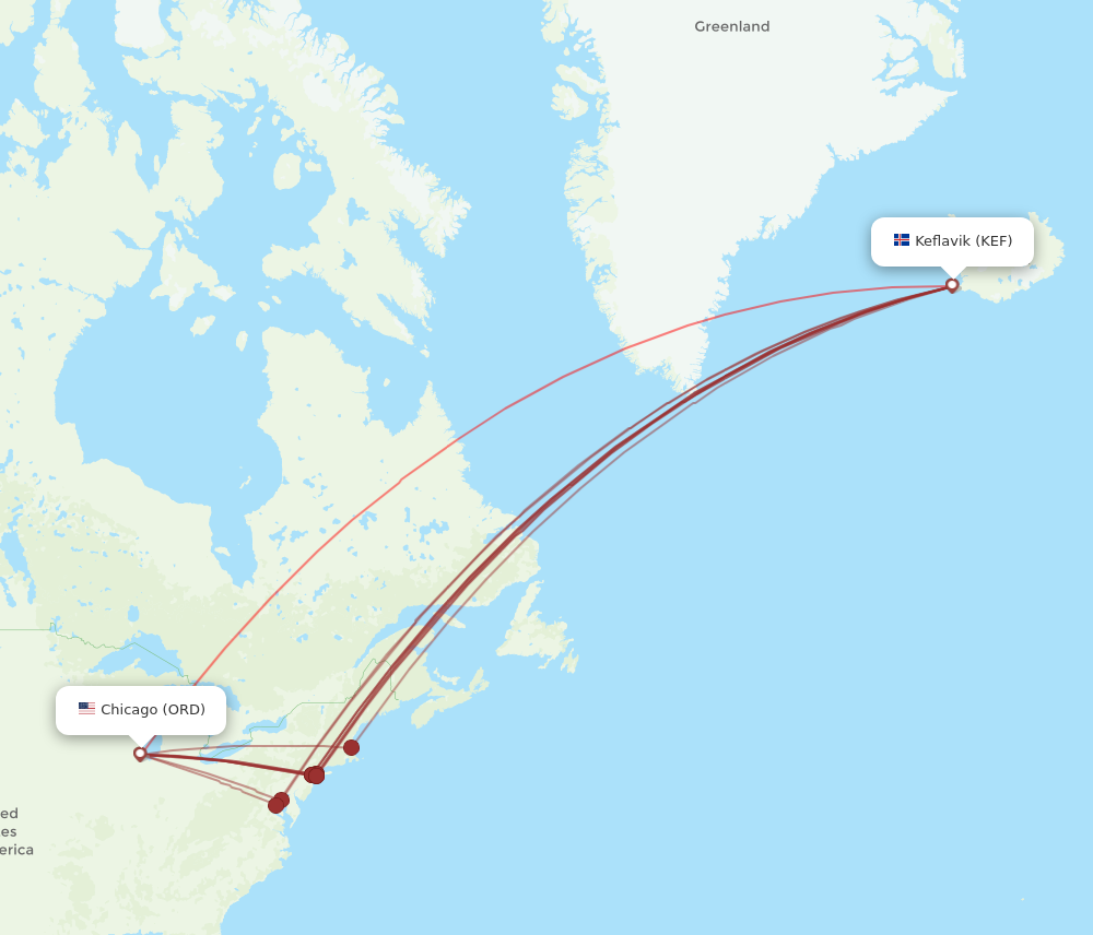 ORD to KEF flights and routes map