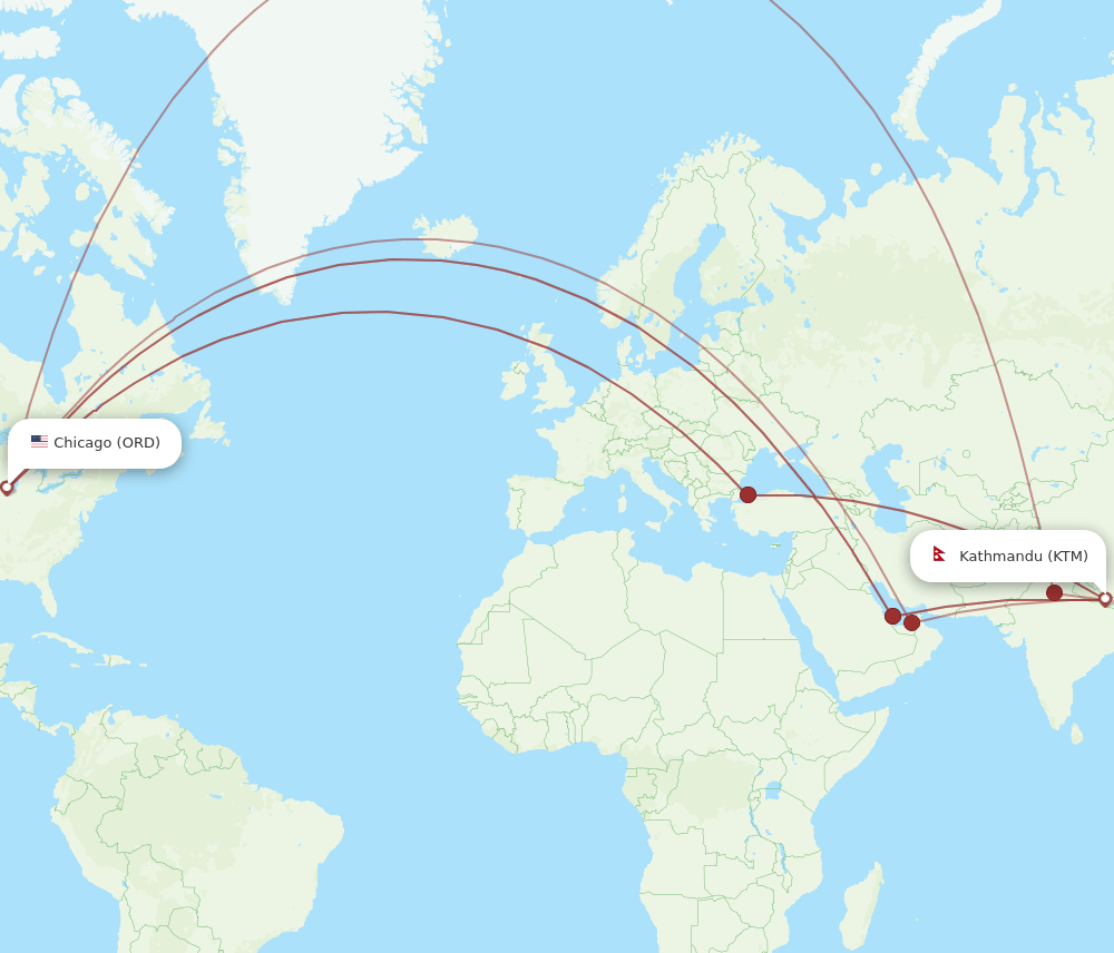 ORD to KTM flights and routes map