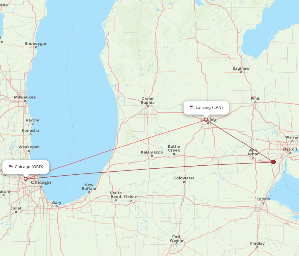 ORD-LAN flight routes