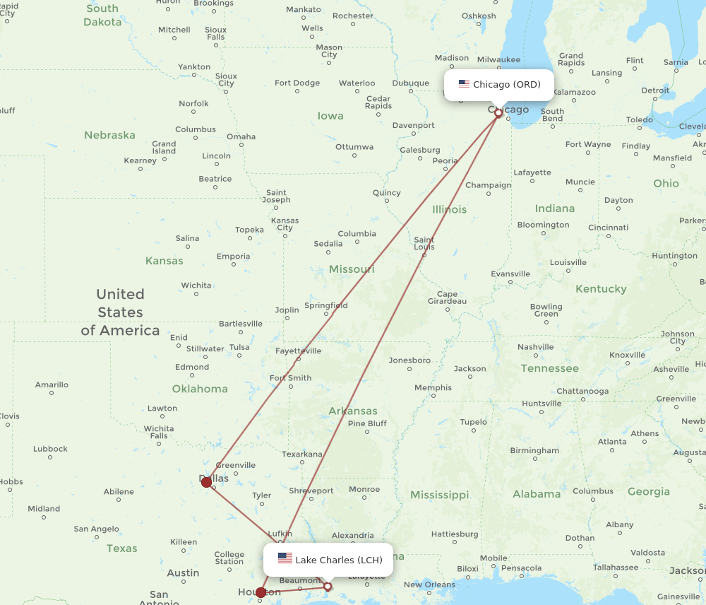 ORD to LCH flights and routes map