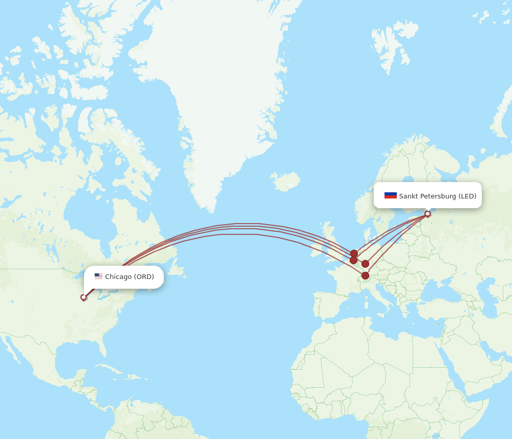 Chicago - Saint Petersburg route map and flight paths