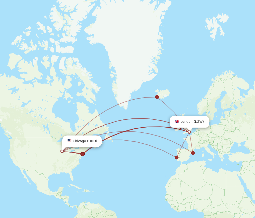 ORD to LGW flights and routes map