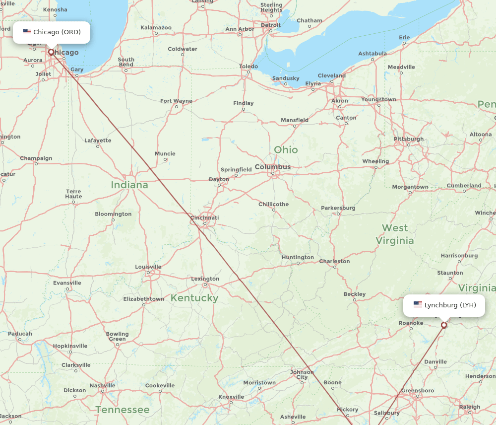 ORD to LYH flights and routes map