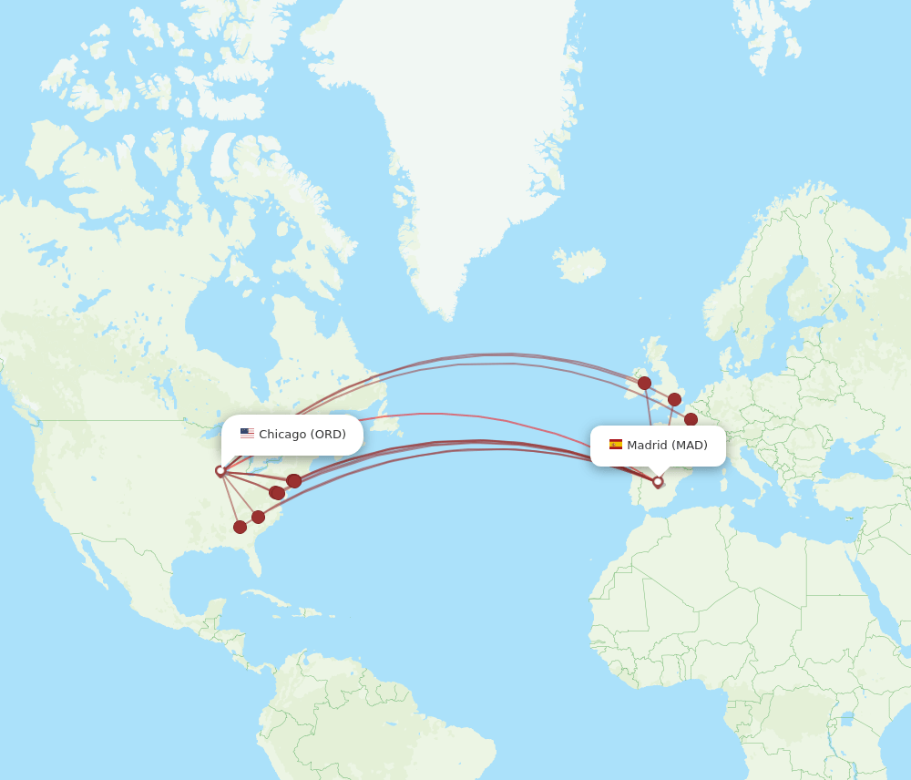 ORD-MAD flight routes