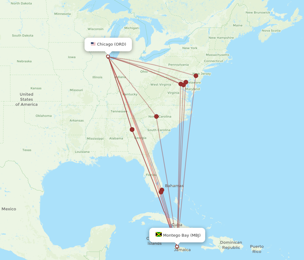 ORD to MBJ flights and routes map