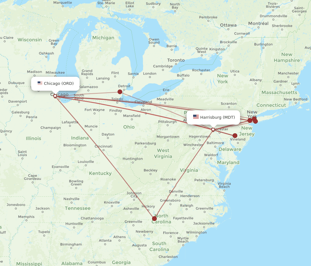 ORD to MDT flights and routes map