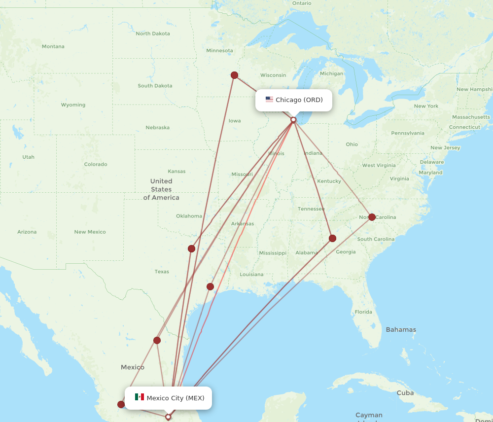 ORD to MEX flights and routes map