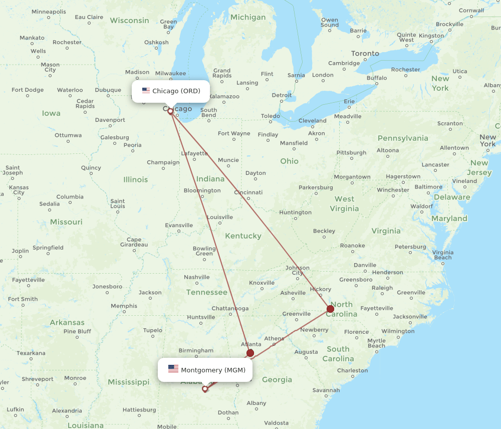 ORD to MGM flights and routes map