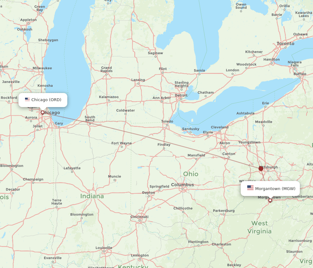 Chicago - Morgantown route map and flight paths