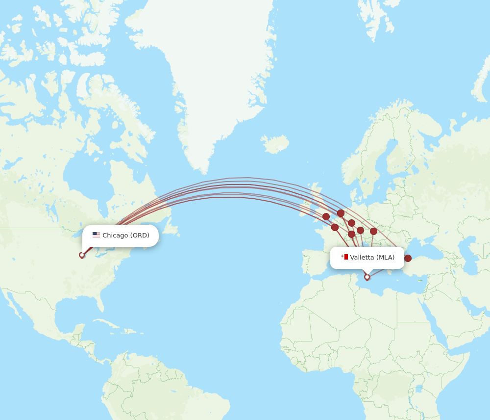 ORD to MLA flights and routes map