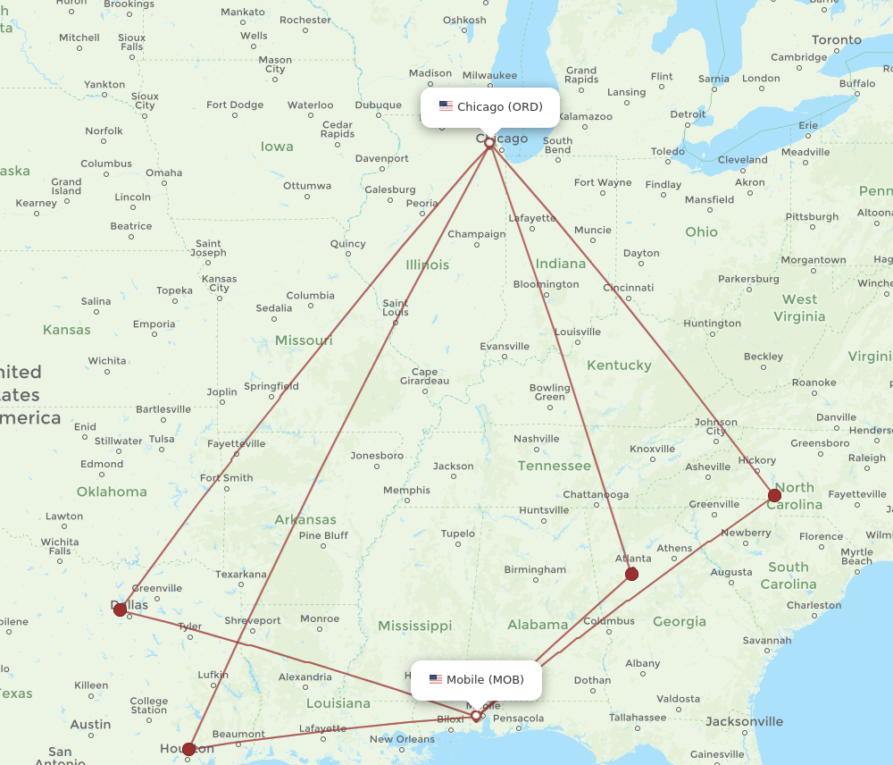 ORD to MOB flights and routes map
