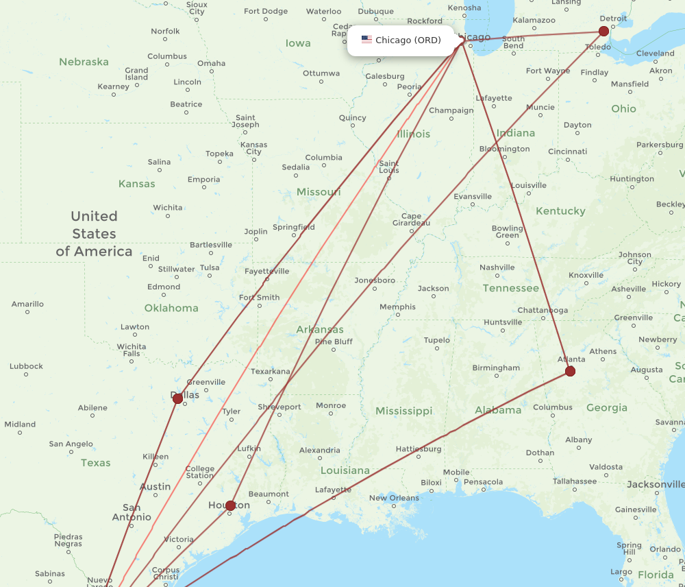 ORD to MTY flights and routes map