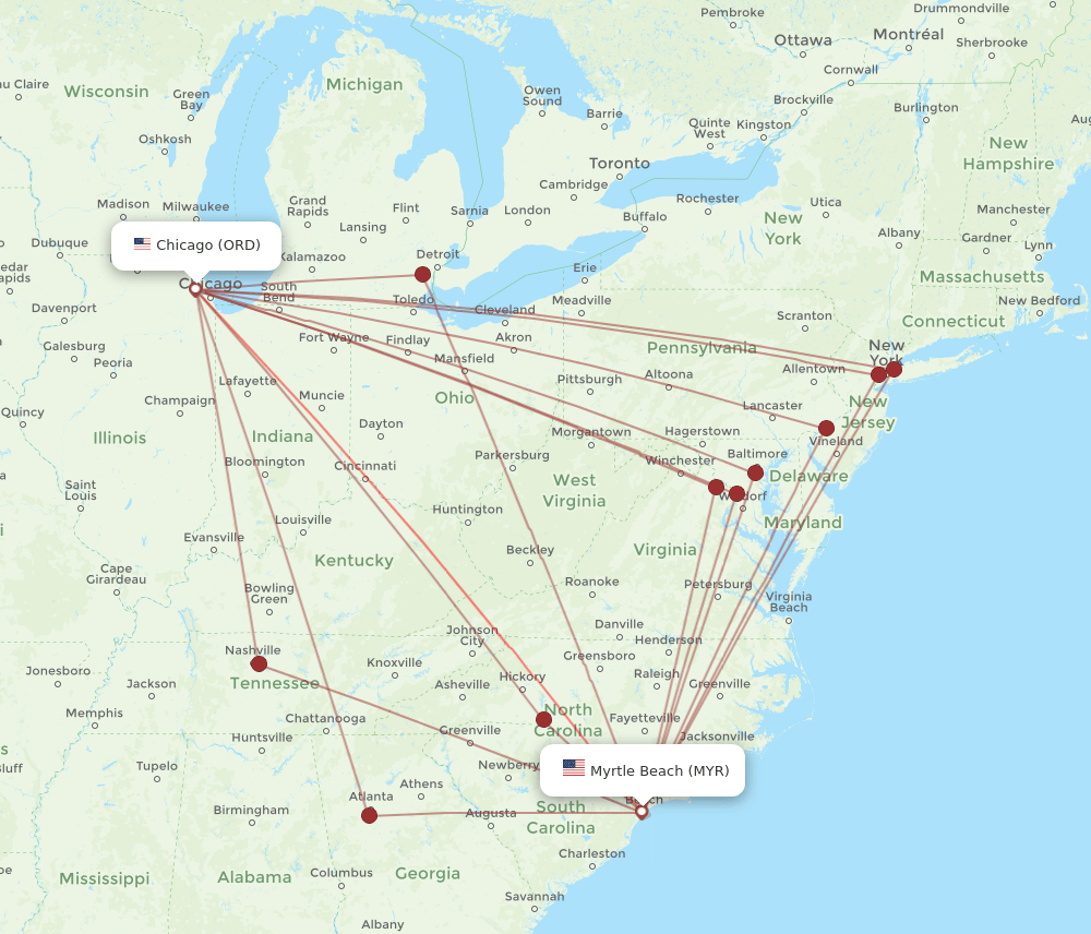 ORD to MYR flights and routes map