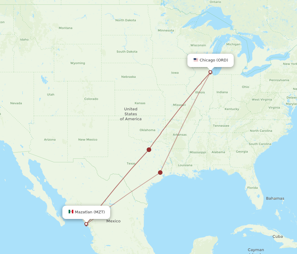 ORD to MZT flights and routes map