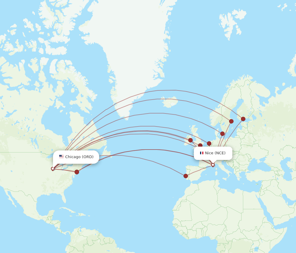 ORD to NCE flights and routes map