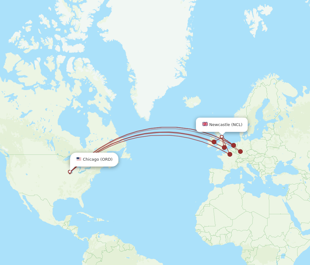 ORD to NCL flights and routes map