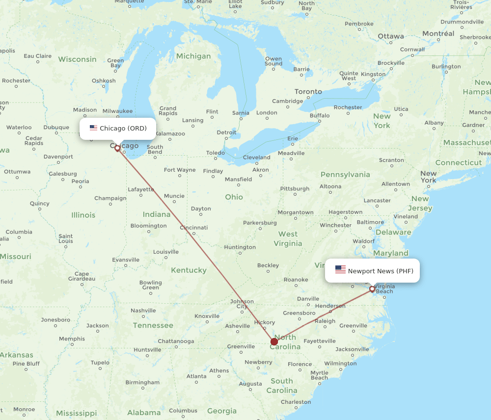 ORD-PHF flight routes