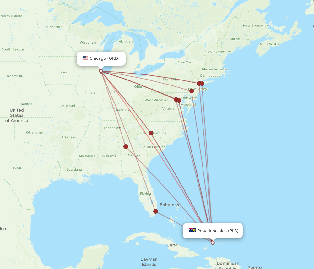 ORD to PLS flights and routes map