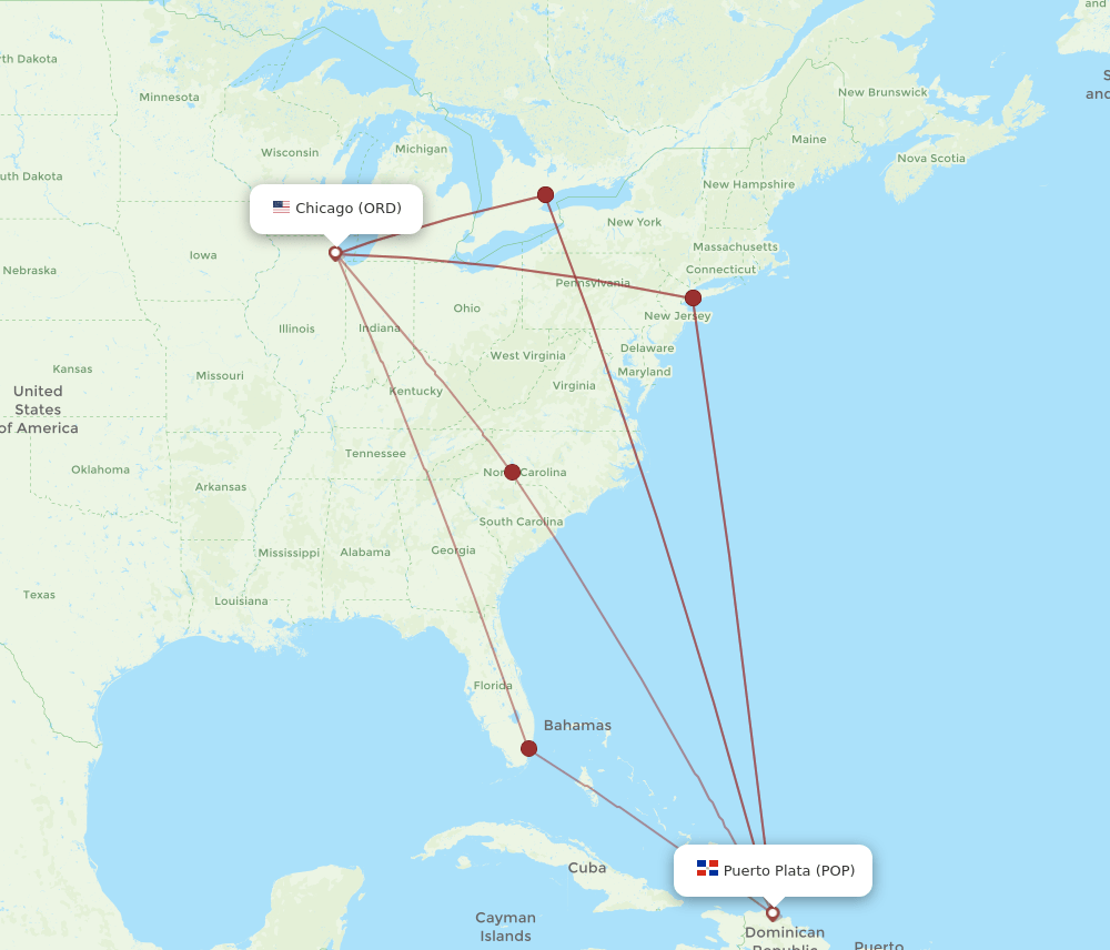 ORD to POP flights and routes map