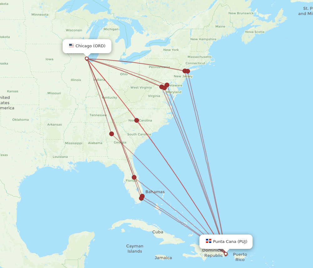 ORD to PUJ flights and routes map