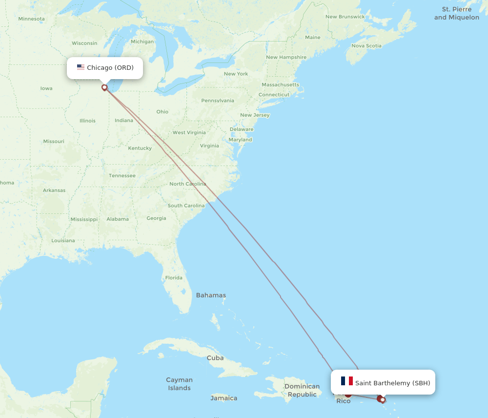 ORD-SBH flight routes