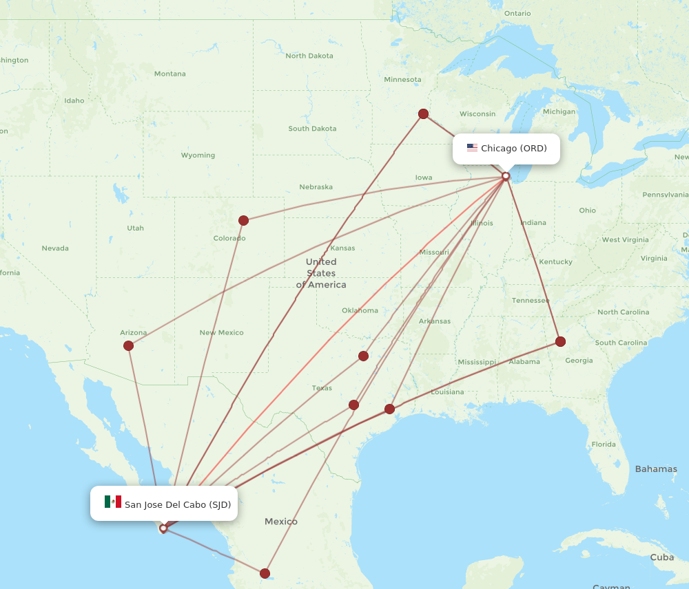 ORD to SJD flights and routes map