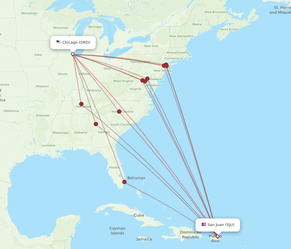 ORD to SJU flights and routes map