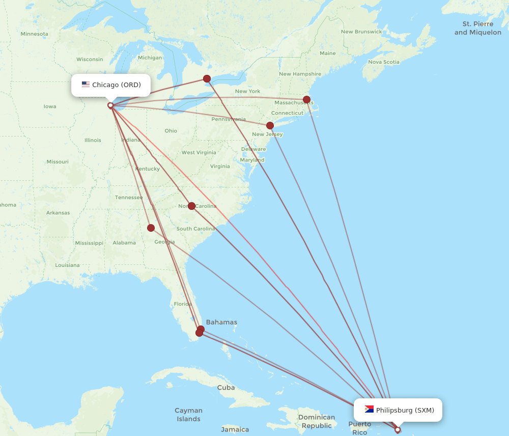 ORD to SXM flights and routes map