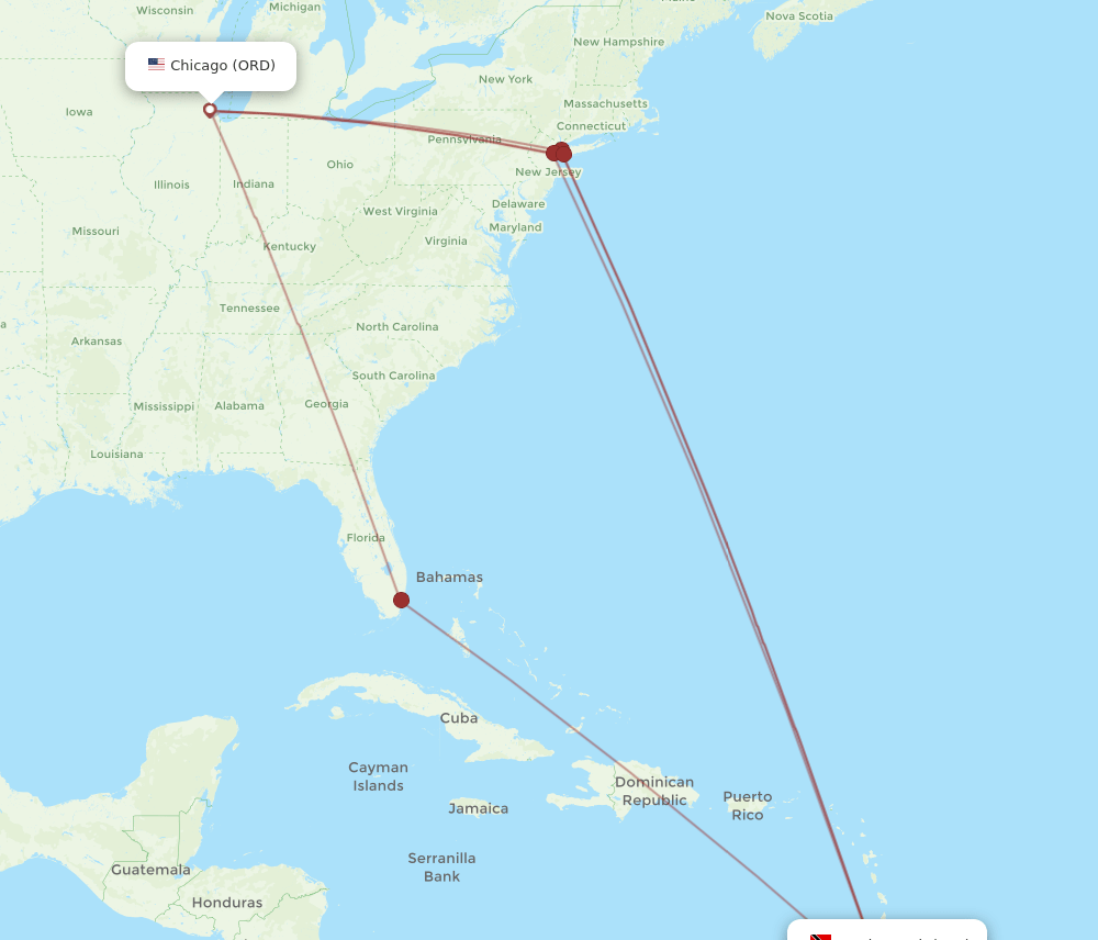 Chicago - Tobago route map and flight paths