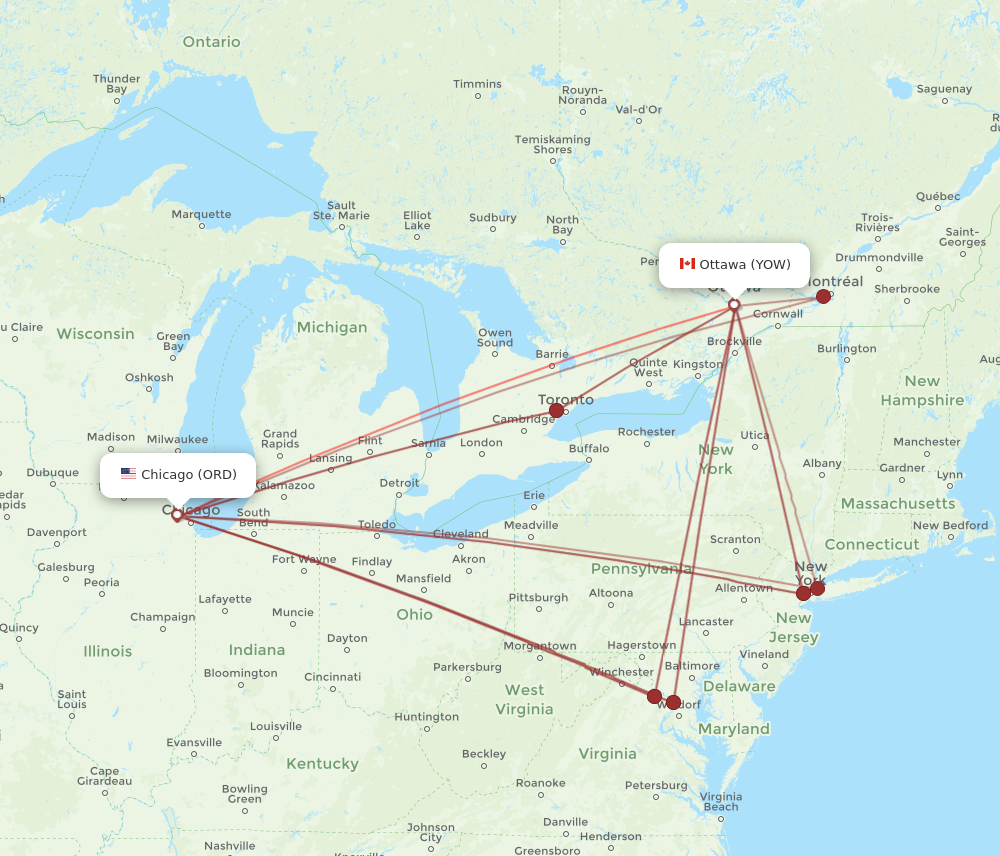 ORD to YOW flights and routes map