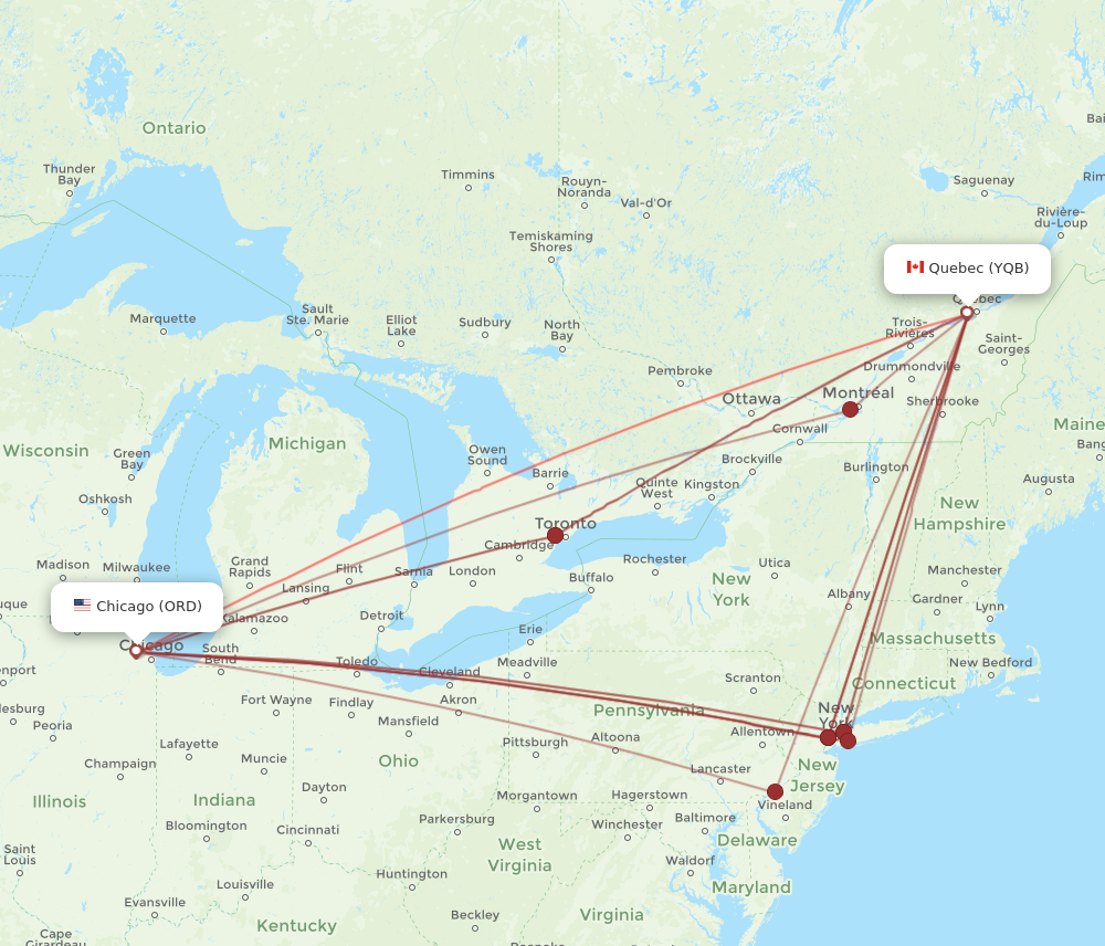 ORD to YQB flights and routes map