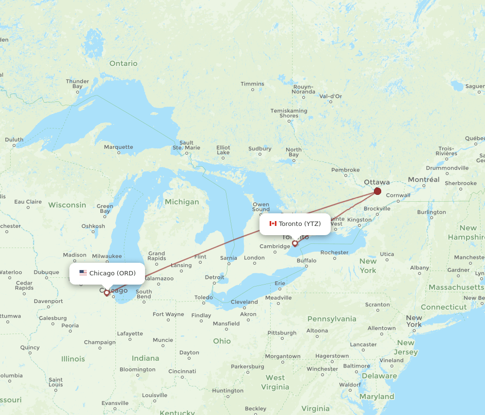 ORD to YTZ flights and routes map