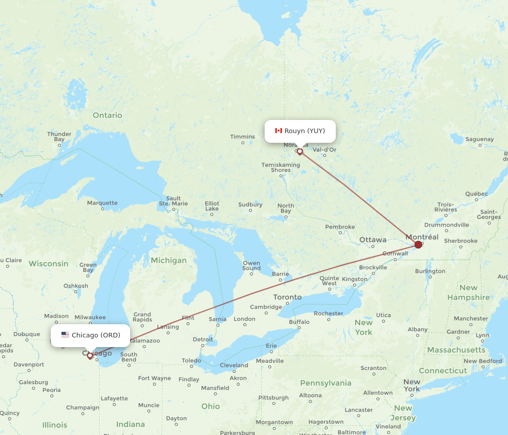 Rouyn - Chicago route map and flight paths