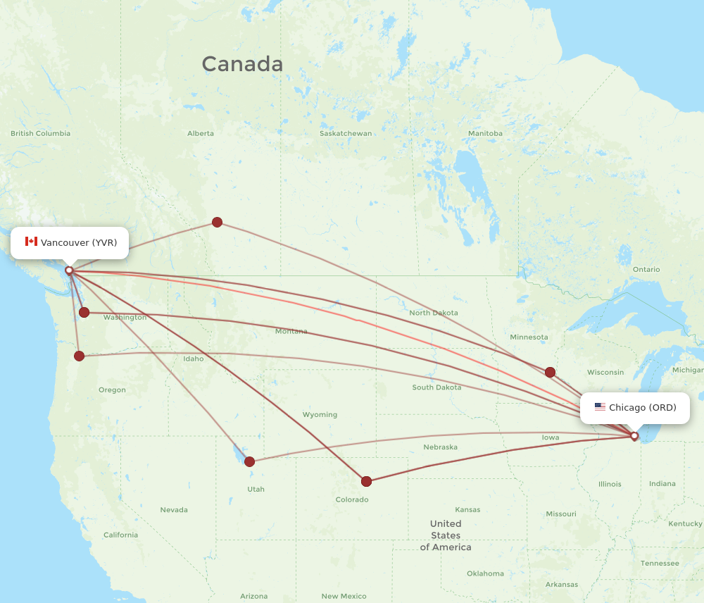 ORD to YVR flights and routes map