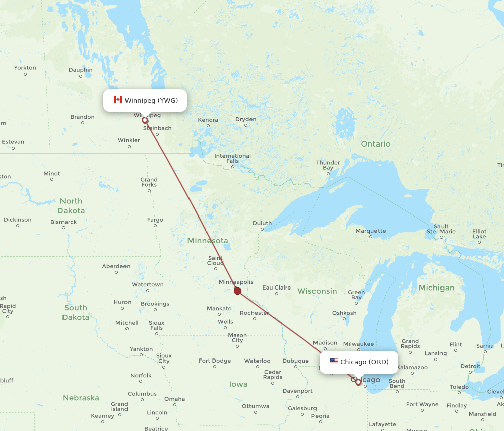 YWG to ORD flights and routes map