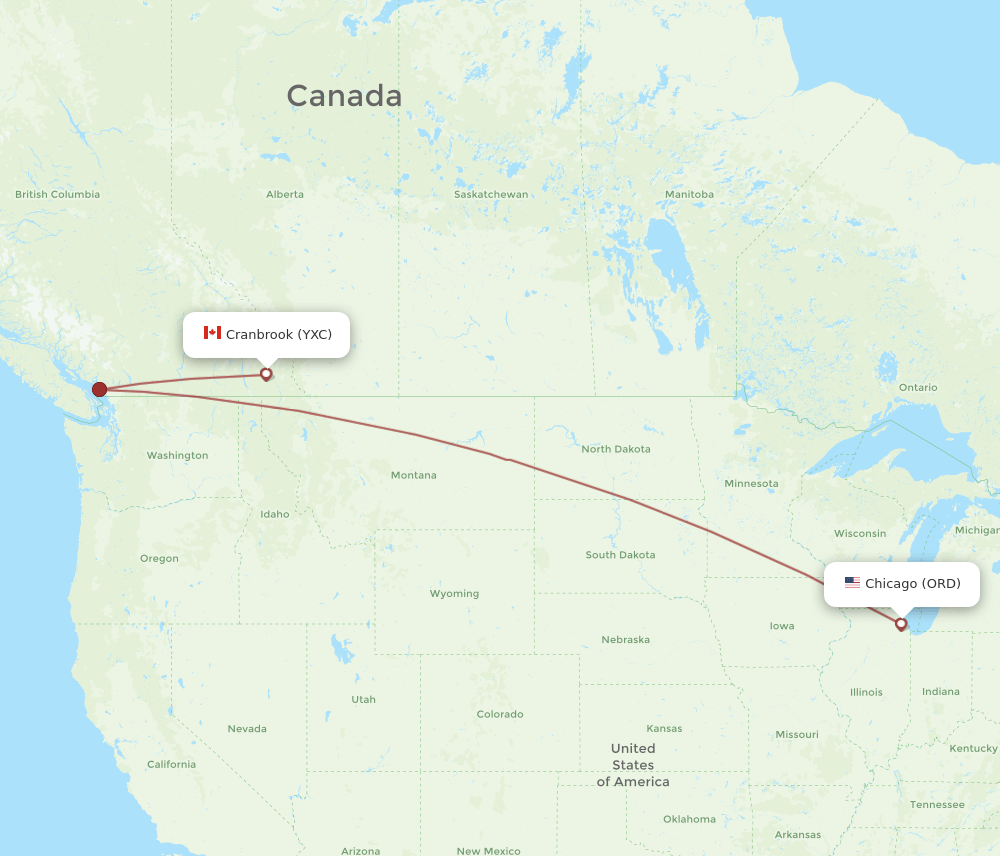 Cranbrook - Chicago route map and flight paths