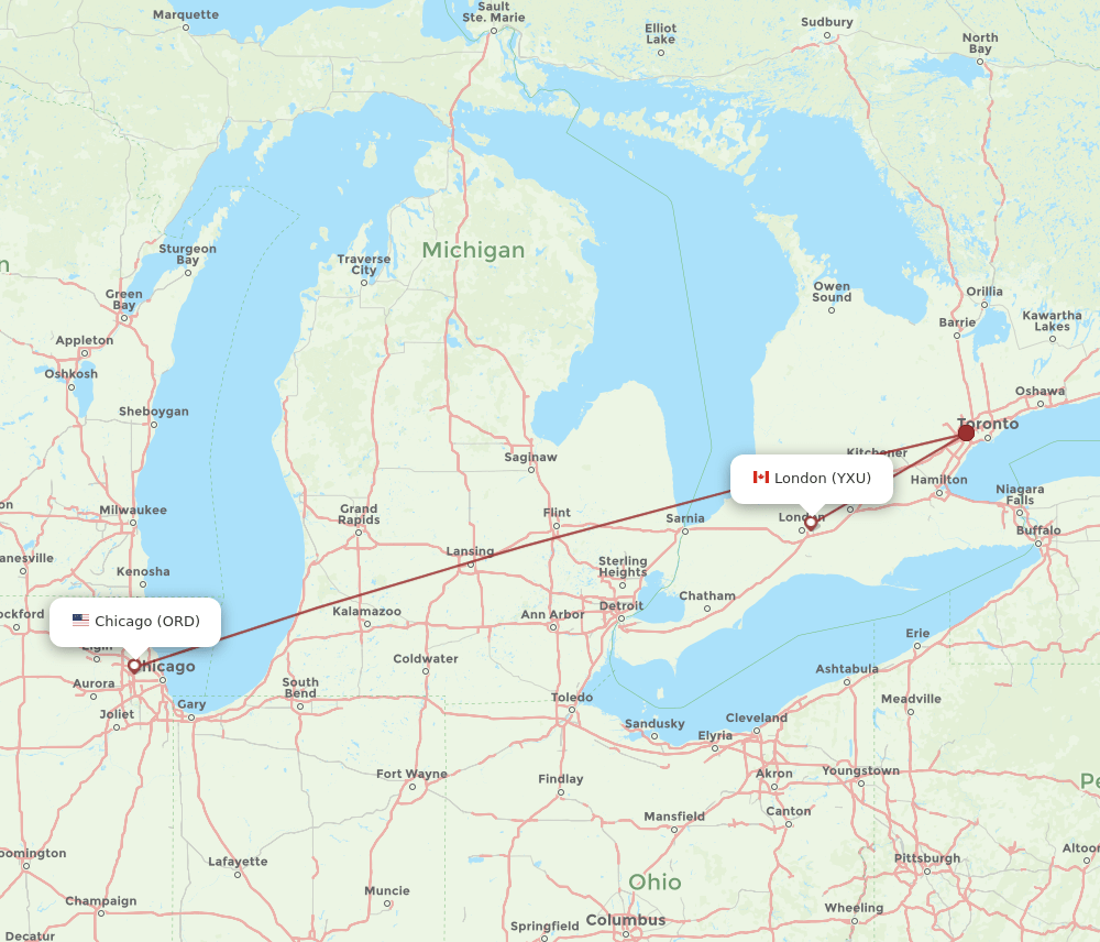 ORD-YXU flight routes