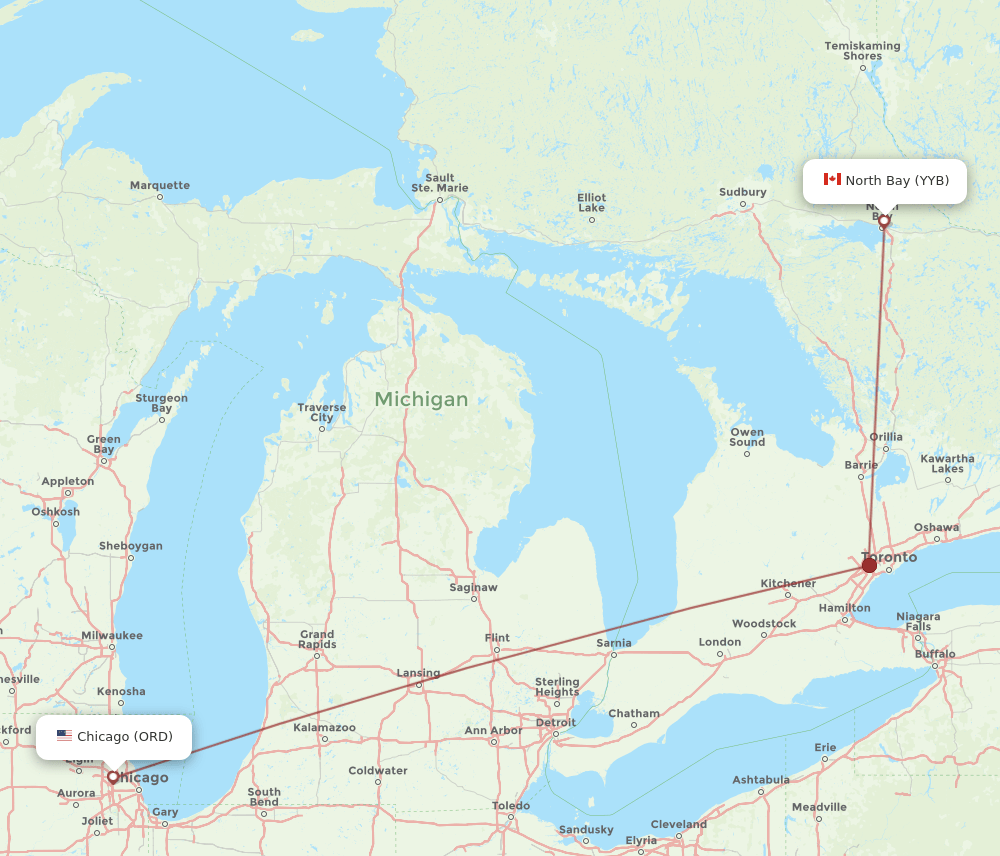 North Bay - Chicago route map and flight paths