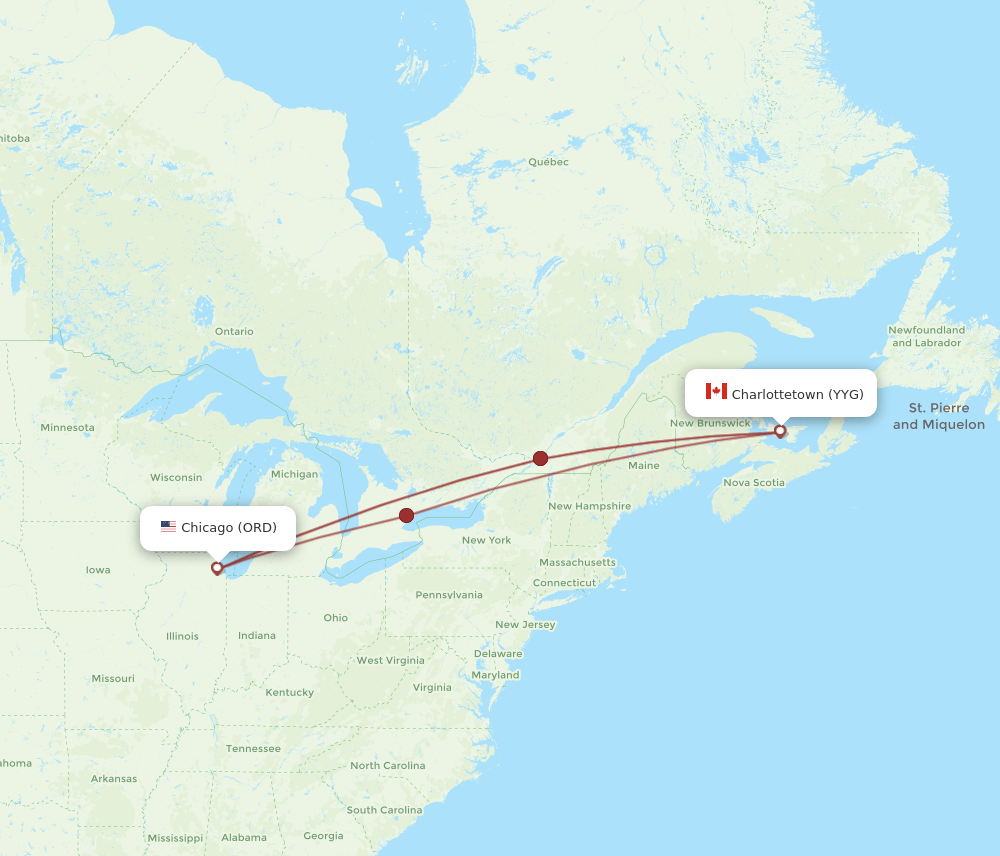 Charlottetown - Chicago route map and flight paths