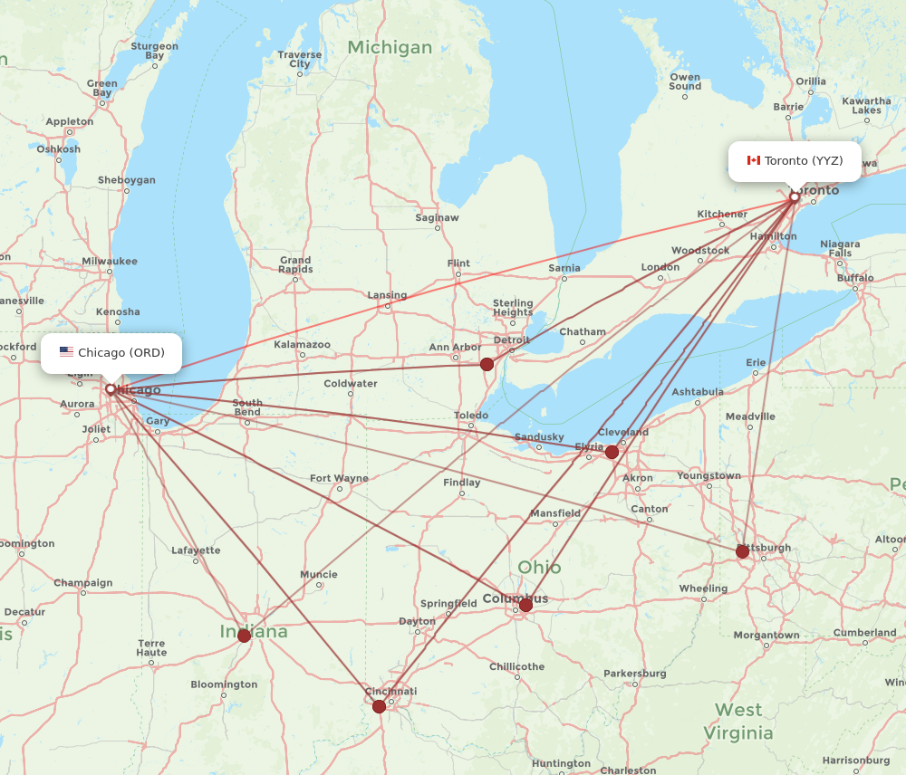 ORD-YYZ flight routes